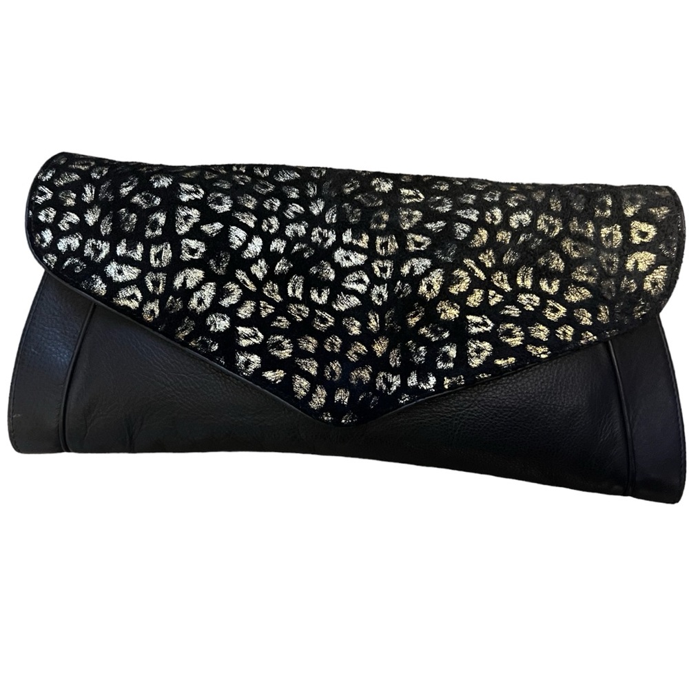 See By Chloé black with gold leopard print clutch bag. Mob wife